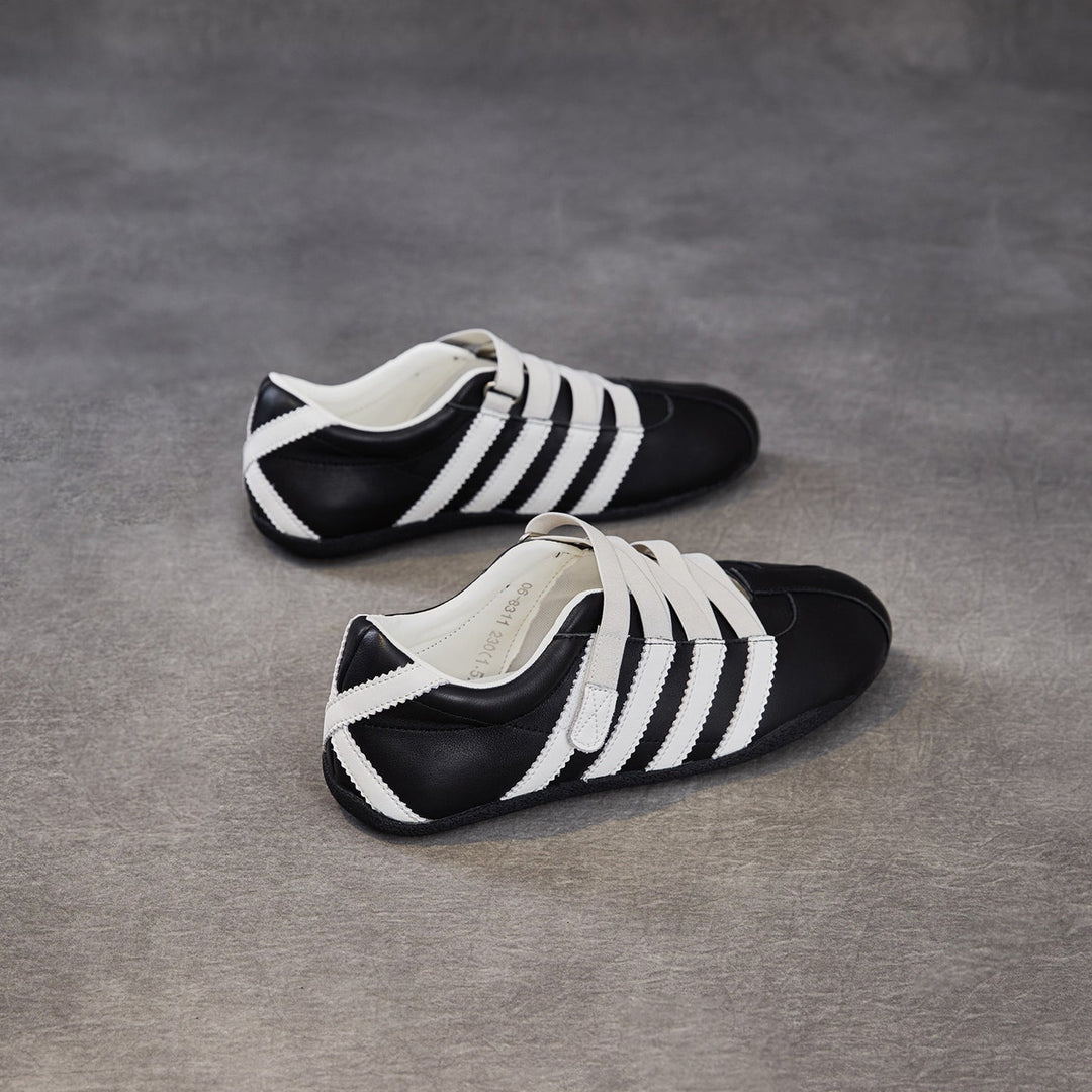 Women's Retro Cowhide Sneakers Vintage Round Toe Strappy Velcro Driving Flats