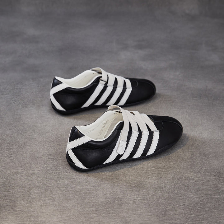 Women's Retro Cowhide Sneakers Vintage Round Toe Strappy Velcro Driving Flats