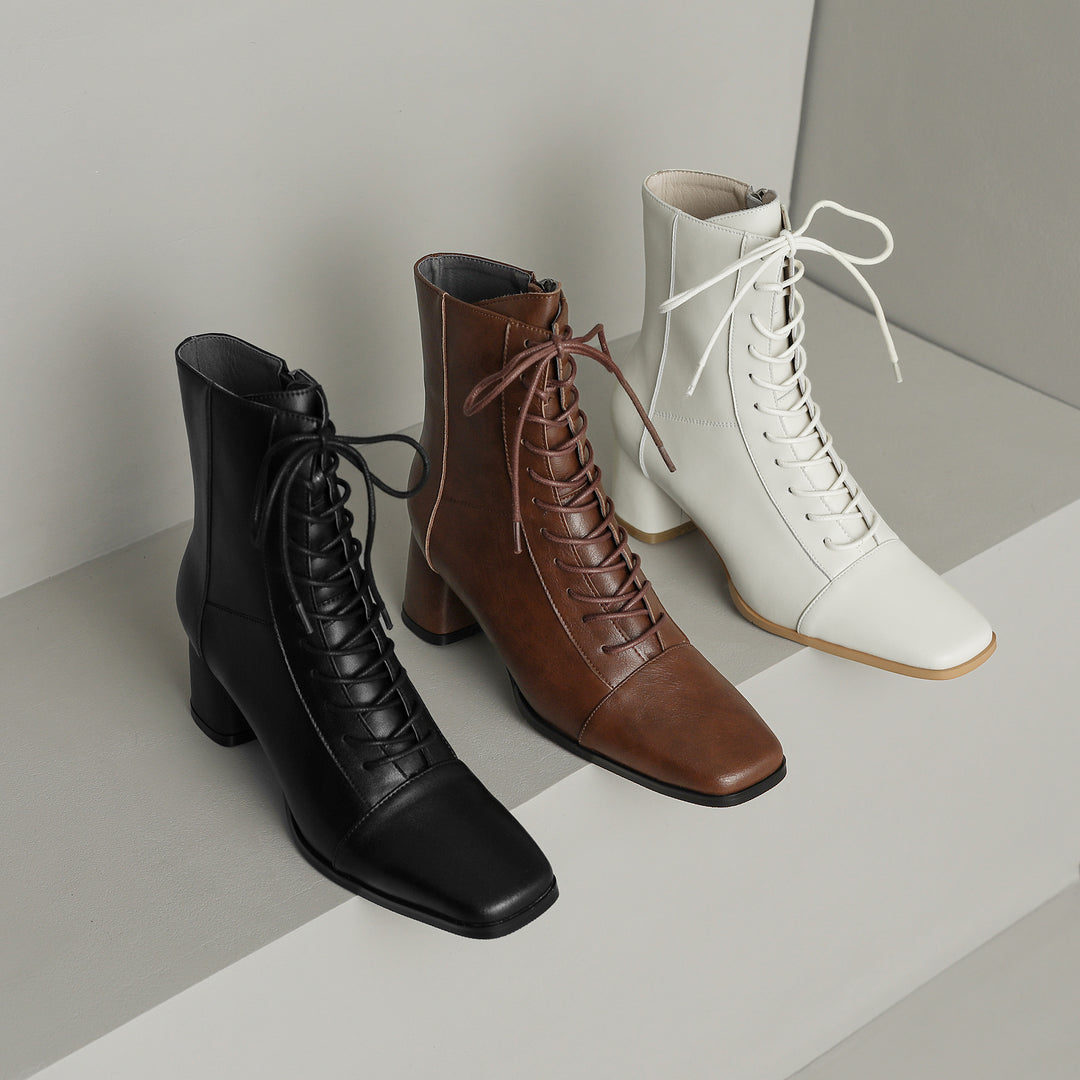 Womens Lace-up Zipper Square Toe Block Heels Leather Ankle Boots