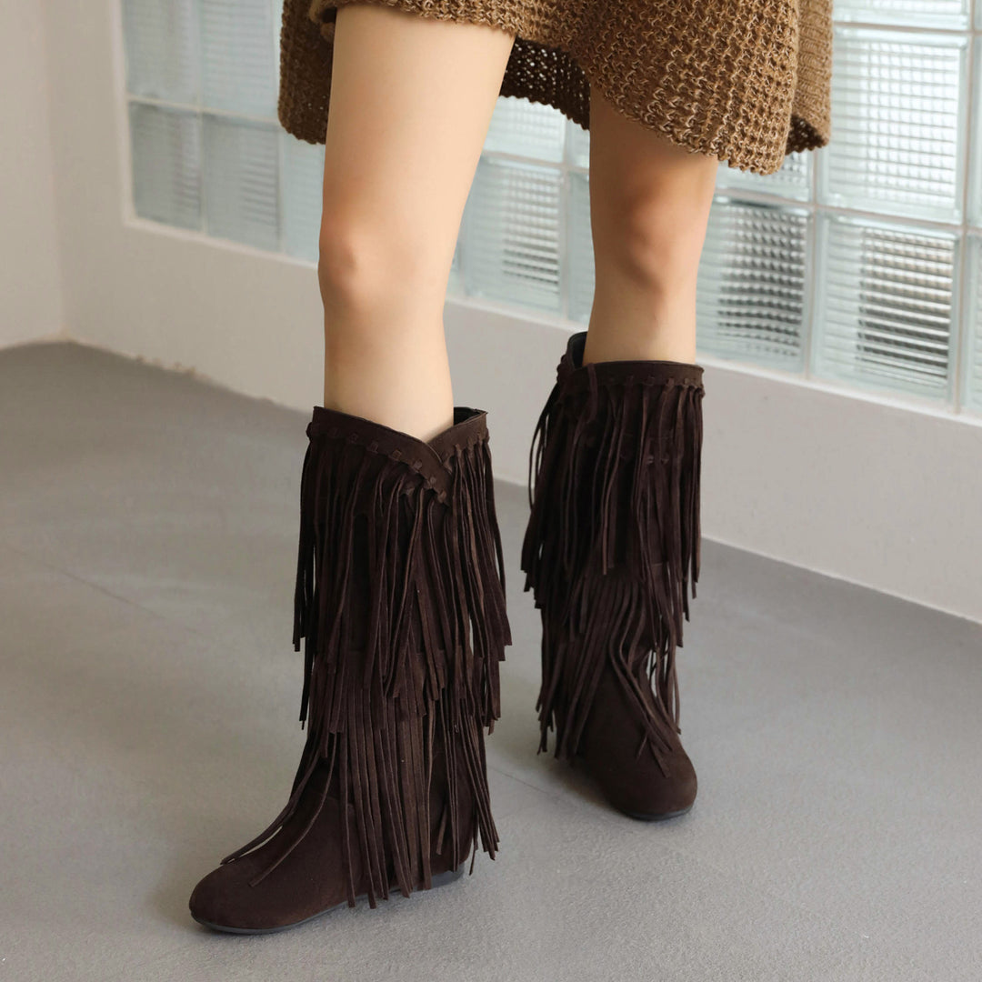 Women's Suede Fringe Boots Inside Booster Mid Length Boots