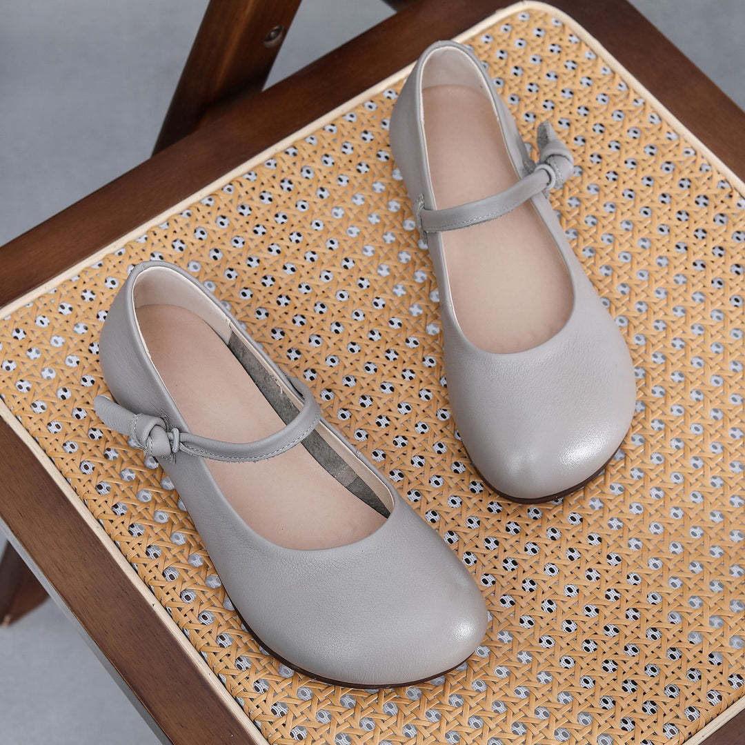 Women's Leather Mary Jane Flats - Vintage Round Toe Slip-On Ballet Flats with Bow Knot Strap Comfort Walking Shoes