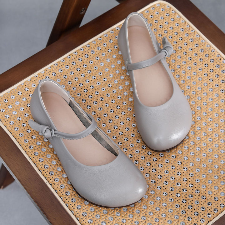 Women's Leather Mary Jane Flats - Vintage Round Toe Slip-On Ballet Flats with Bow Knot Strap Comfort Walking Shoes