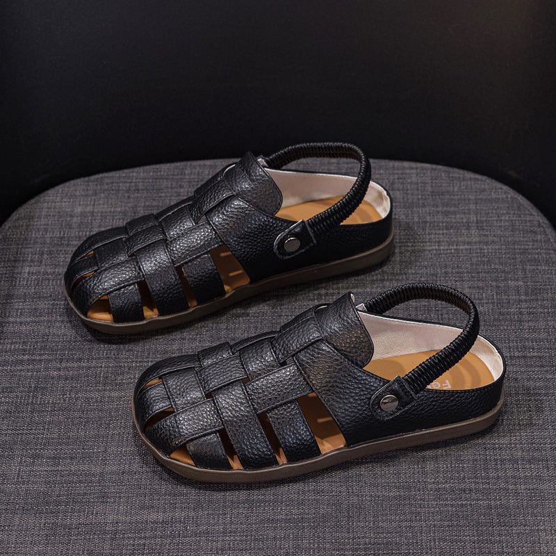 Women's Leather Fisherman Sandals - Lattice Woven Closed Round Toe Flat Shoes with Elastic Slingback