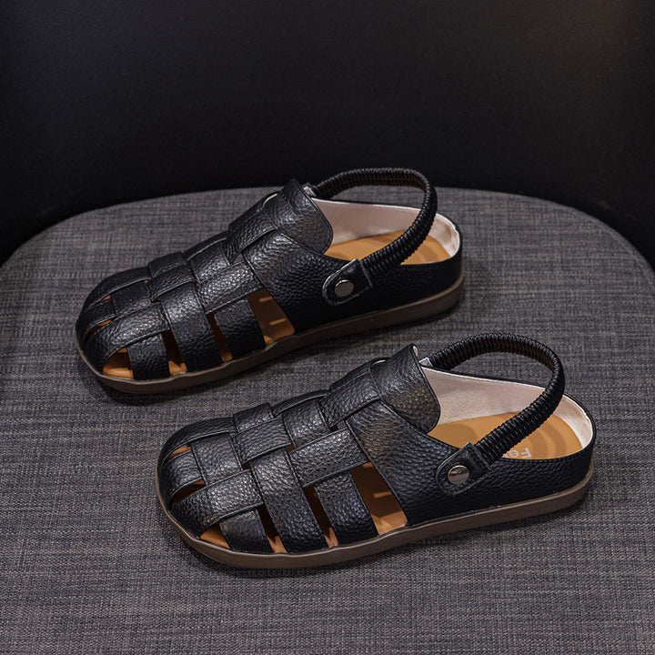 Women's Leather Fisherman Sandals - Lattice Woven Closed Round Toe Flat Shoes with Elastic Slingback