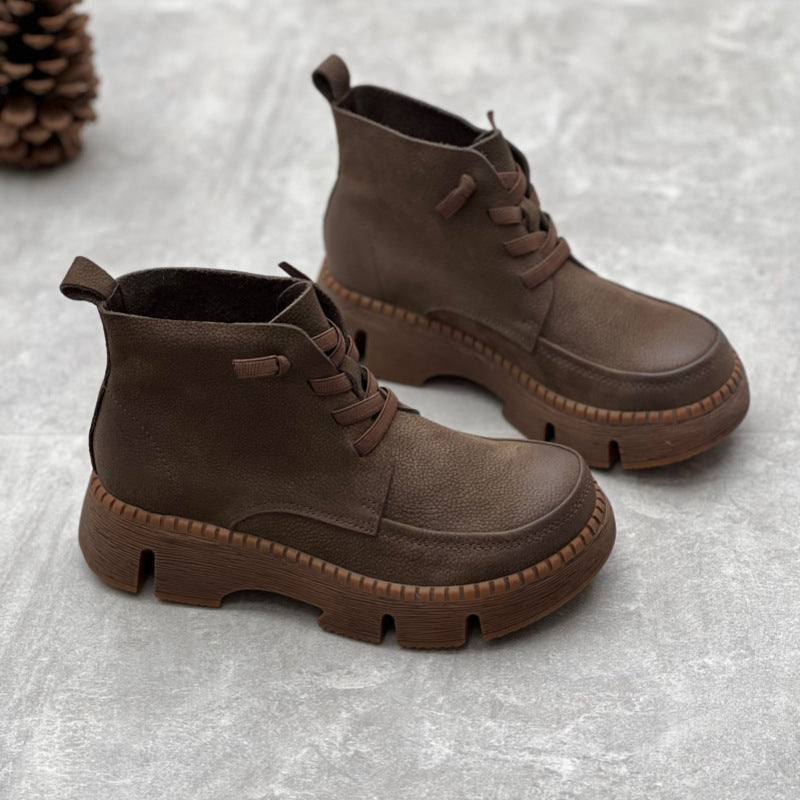 Retro Soft Leather Ankle Boots for Women – Comfortable Lace Up Design