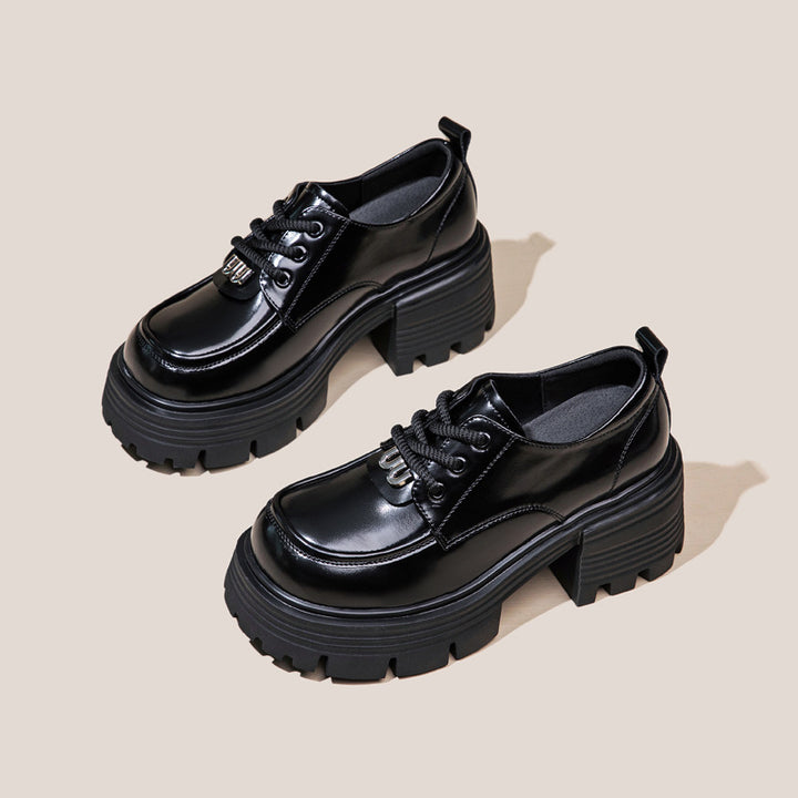 Women's Leather Platform Oxfords - Gothic Lug Sole 7cm Block Chunky High Heel  Lace-Up Shoes