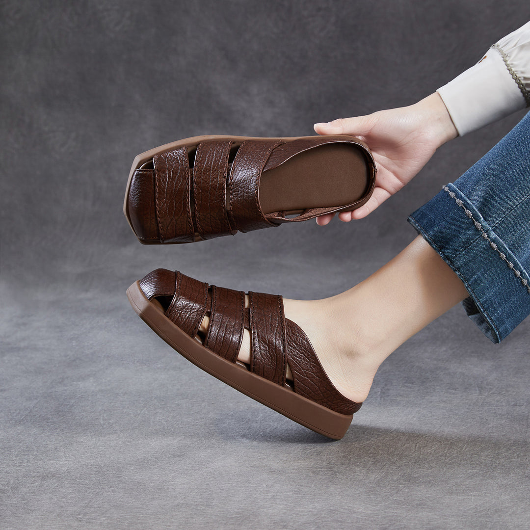 Women's Leather Mules - Multi-Strap Woven Closed Flat Sandals Casual Summer Slip-On Slides