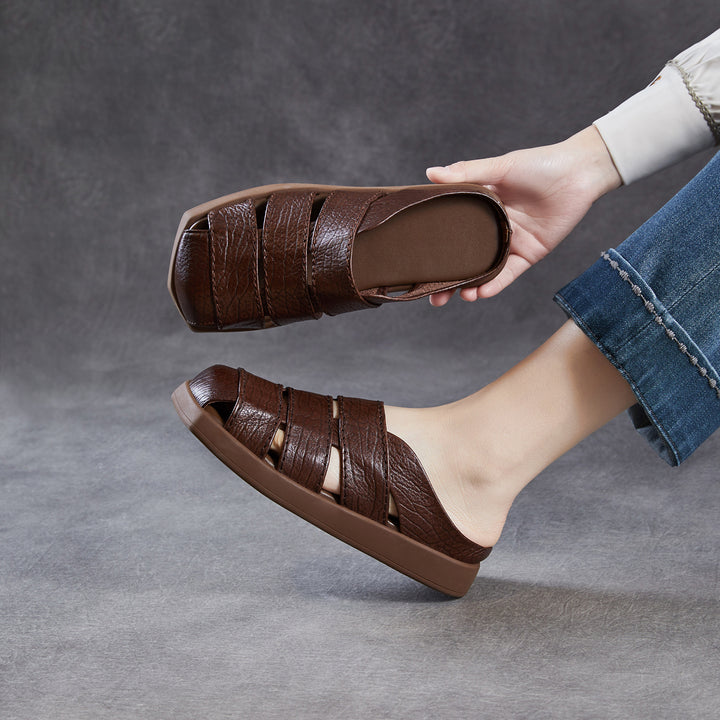 Women's Leather Mules - Multi-Strap Woven Closed Flat Sandals Casual Summer Slip-On Slides