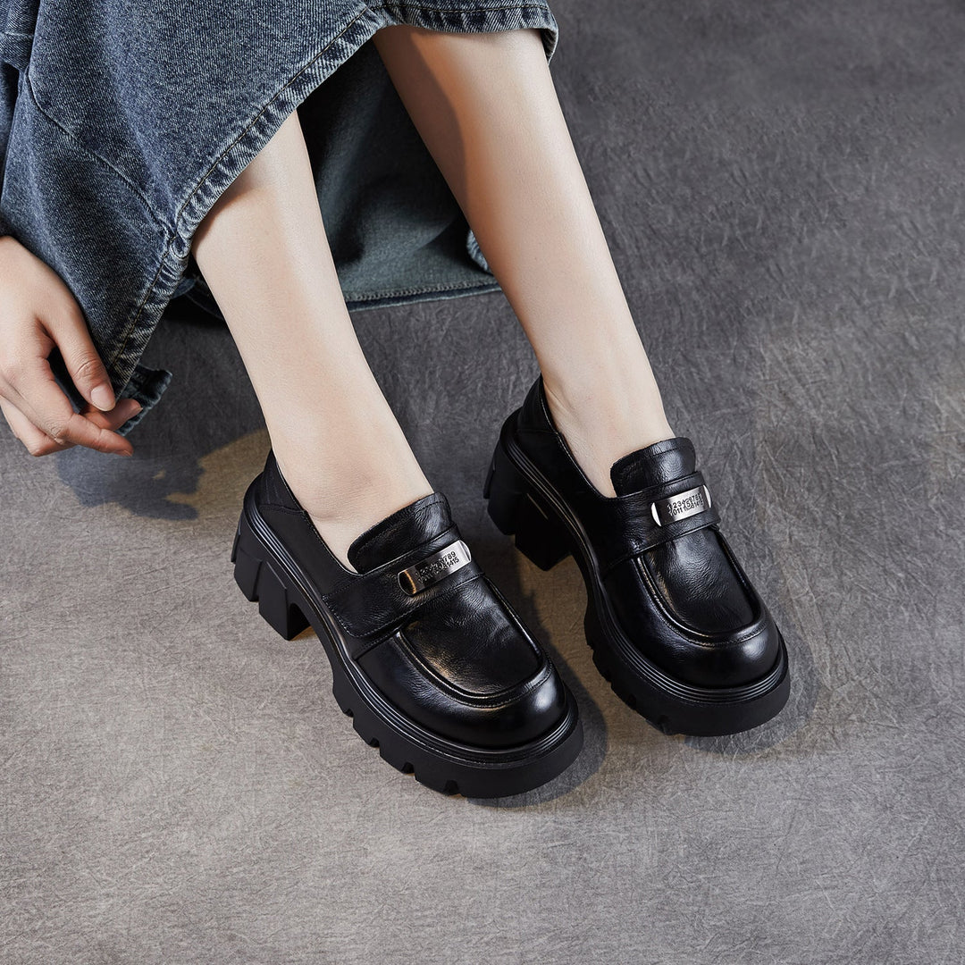 Women’s Leather Platform Block Heel Loafers – Vintage Metal Detail