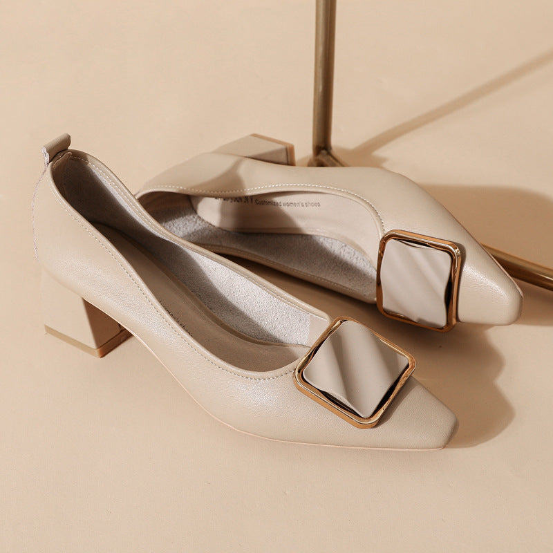 Women's Leather Pointed Toe Mid Heel Stylish Pump