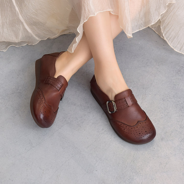 Women's Vintage Brogue Loafers Soft Cowhide Slip-on Mary Jane Flat Shoes