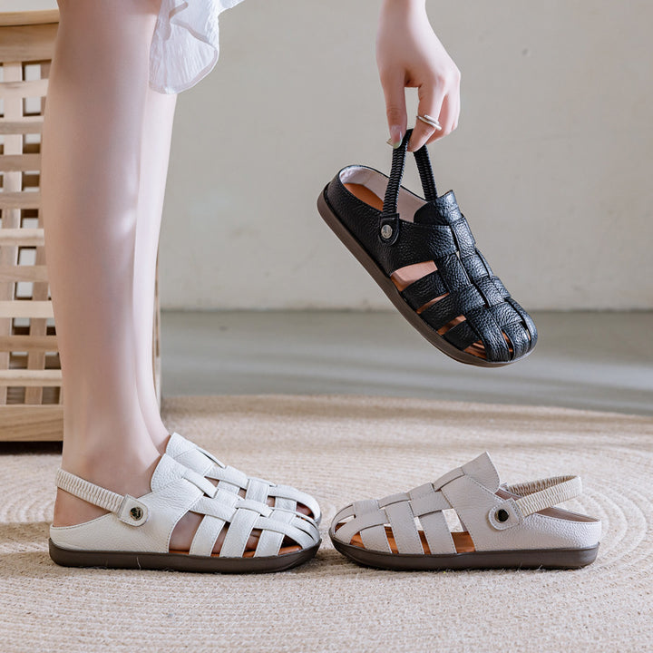 Women's Leather Fisherman Sandals - Lattice Woven Closed Round Toe Flat Shoes with Elastic Slingback