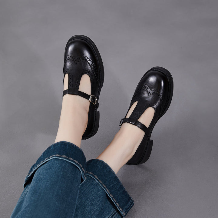 Women's Brogue T-Strap Mary Janes - Unlined Cowhide Leather - Block Heel