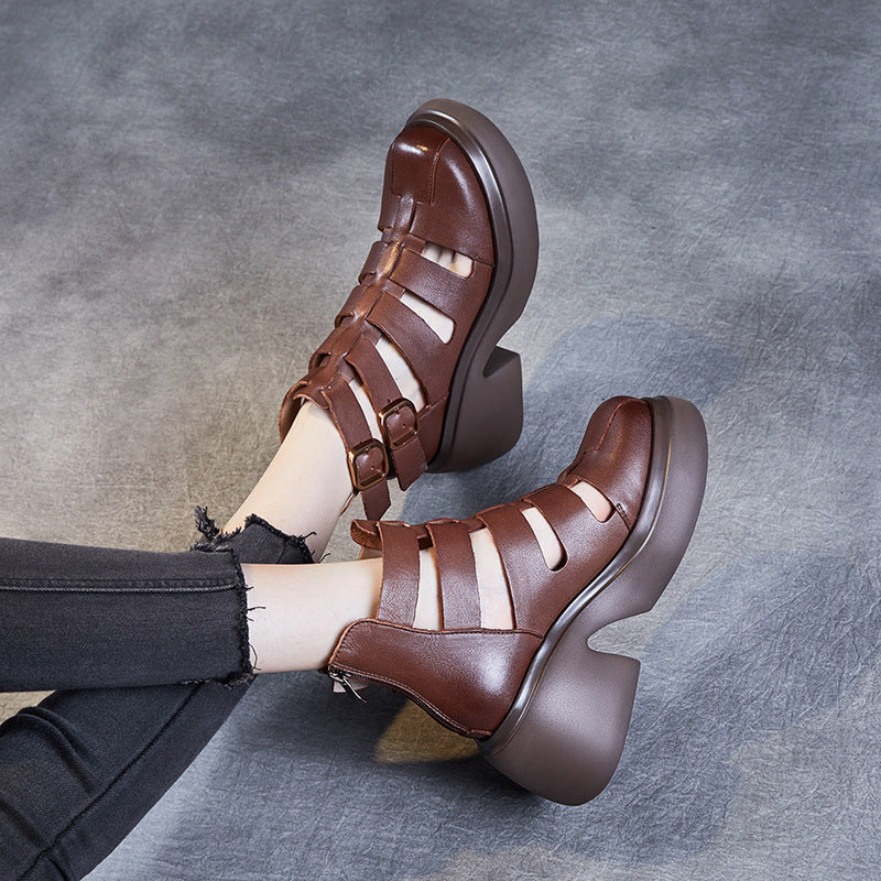 Avant-Garde Burnished Leather Summer Lightweight Sandals for Women - Chunky Platform Cut-out Boots