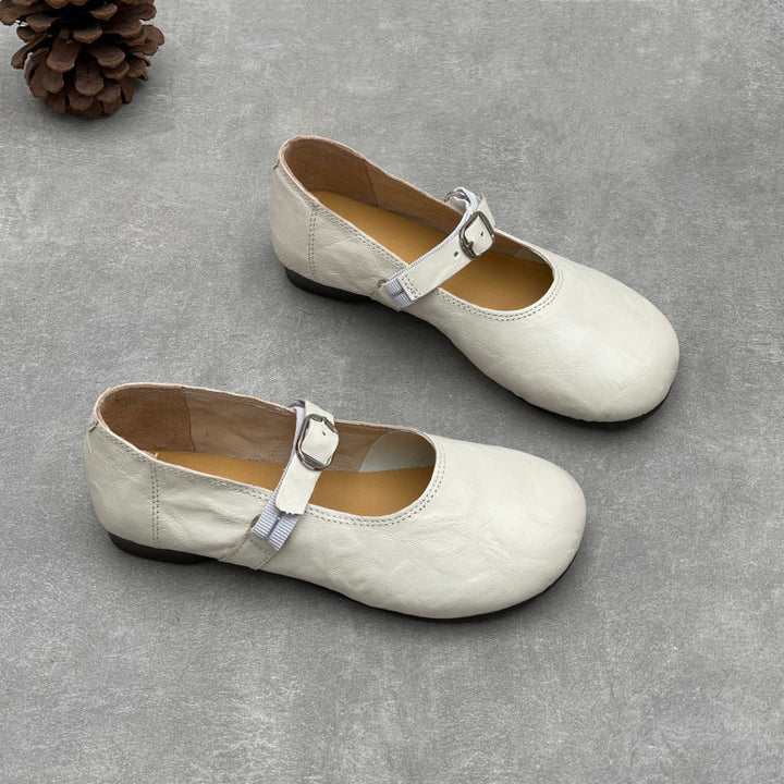 Women’s Handmade Sheepskin Mary Jane Flats – Vintage Round Toe Slip-On Shoes