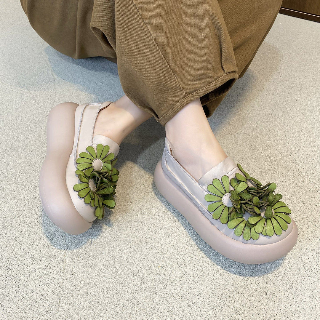 Women’s Handmade Leather Floral Ethnic Style Platform Shoes – Retro Casual Flats