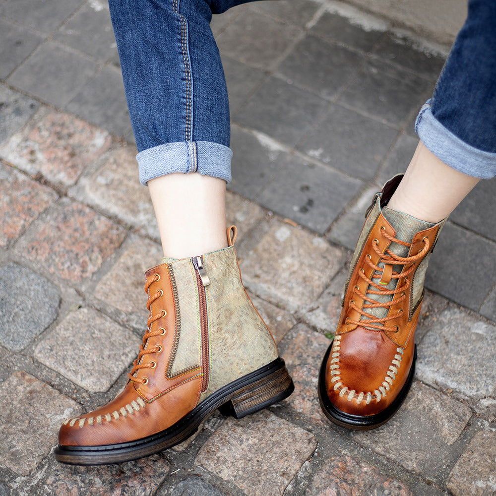 Women's Vintage Distressed Denim Sheepskin Ankle Boots Side Zipper Lace Up Combat Booties