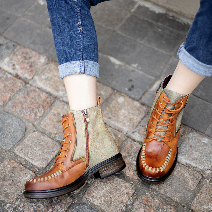 Women's Vintage Distressed Denim Sheepskin Ankle Boots Side Zipper Lace Up Combat Booties
