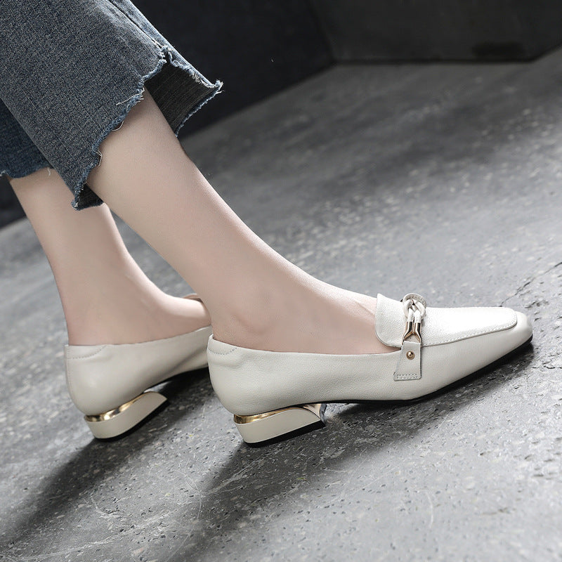 Women's Leather Loafers - Vintage Square Toe Dress Shoes, Comfort Block Heel Pumps