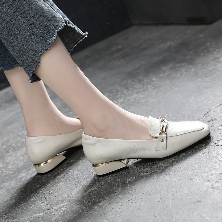 Women's Leather Loafers - Vintage Square Toe Dress Shoes, Comfort Block Heel Pumps