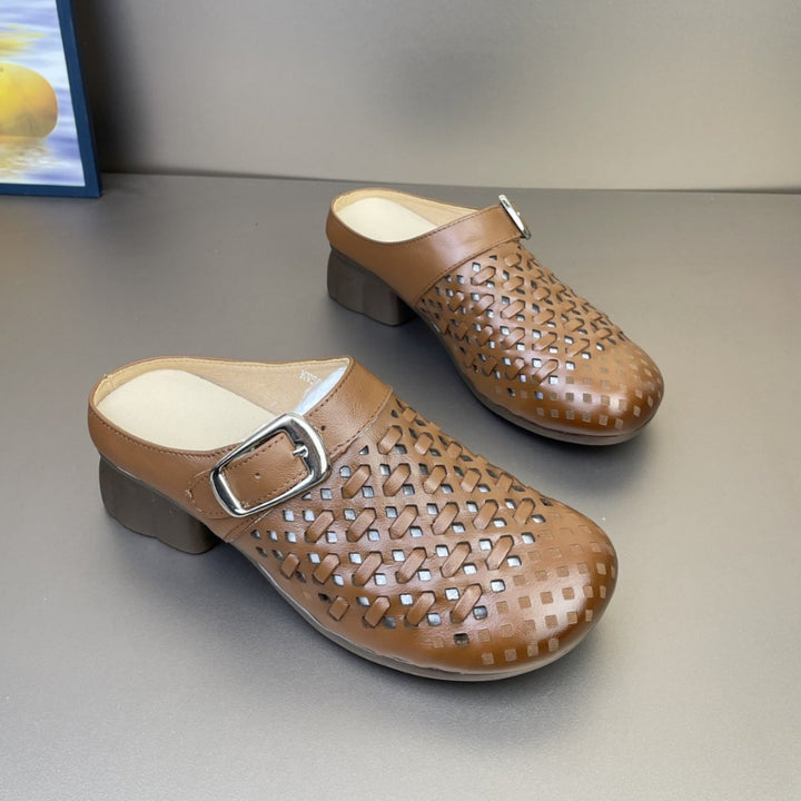 Women's Leather Woven Mules - Hollow Out Perforated Closed Toe Sandals Low Block Chunky Heel Slides with Buckle