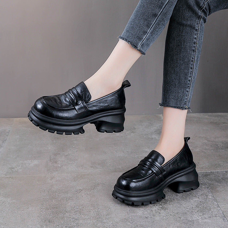 Women's Chunky Lug-Sole Loafers - Leather Elevated Platforms - Ultra-Lightweight Slip-Ons