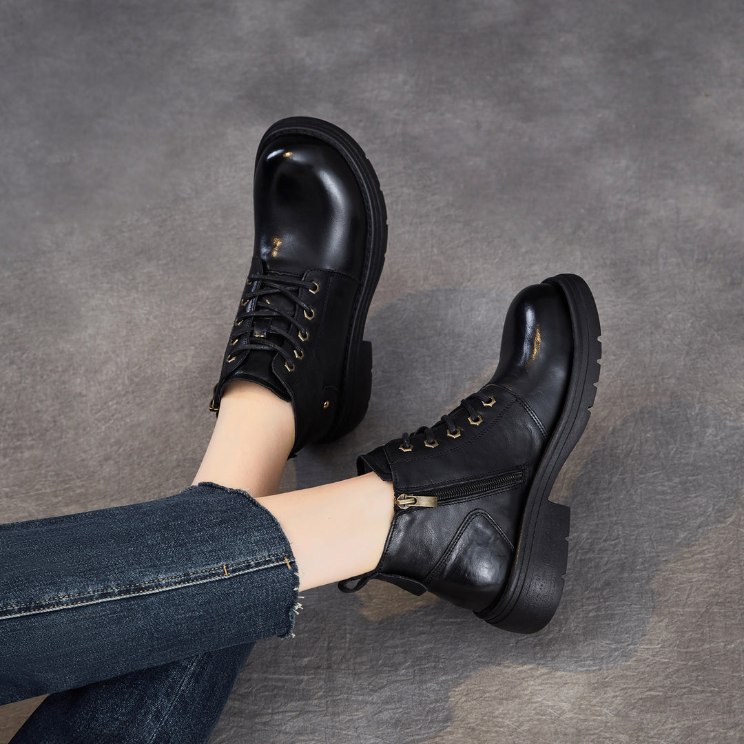 Women's Leather Winter Combat Ankle Boots Soft Lined Lace-up Walking Booties
