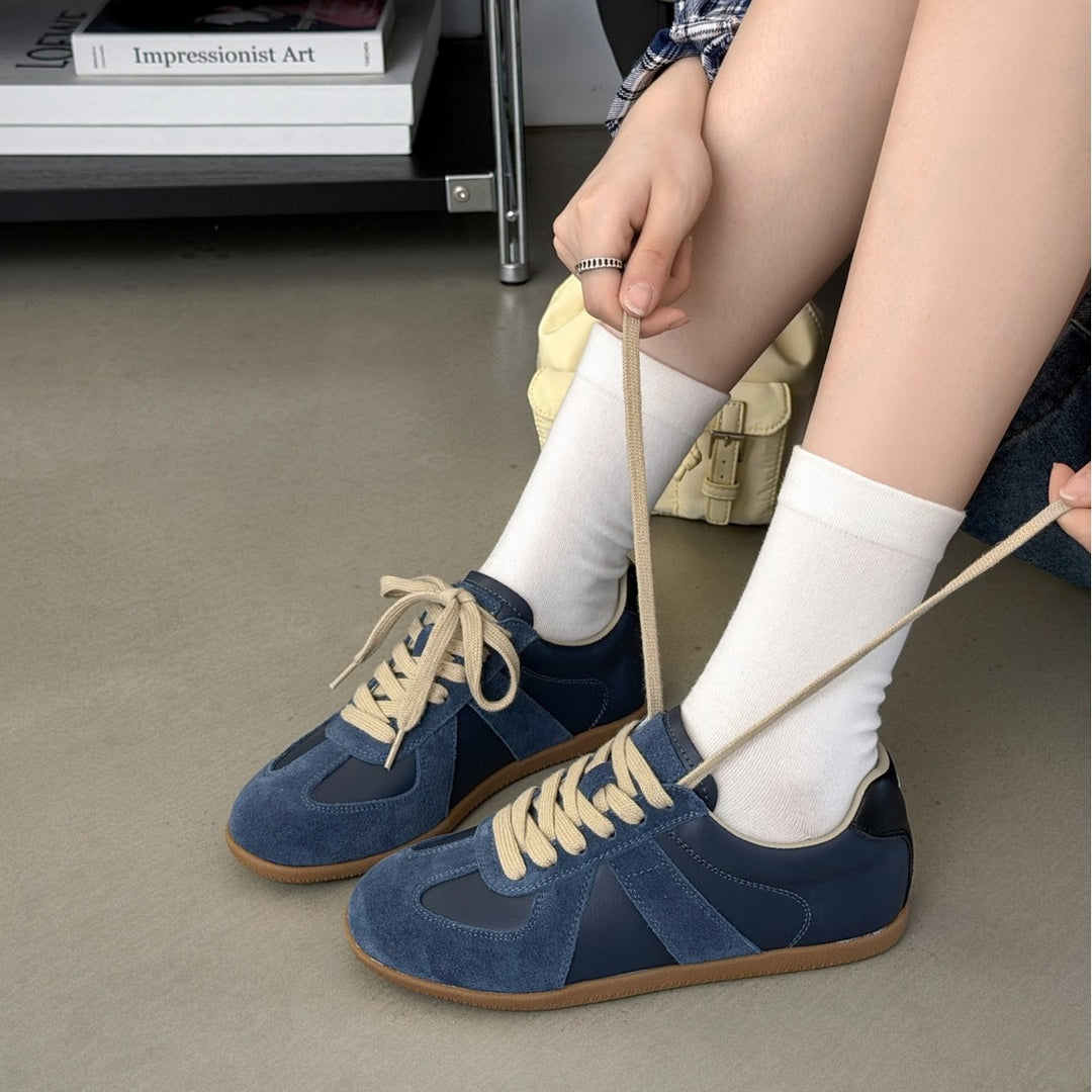 Women's Genuine Leather German Army Trainers Suede Patchwork Flat Sneakers Lace Up Casual Shoes
