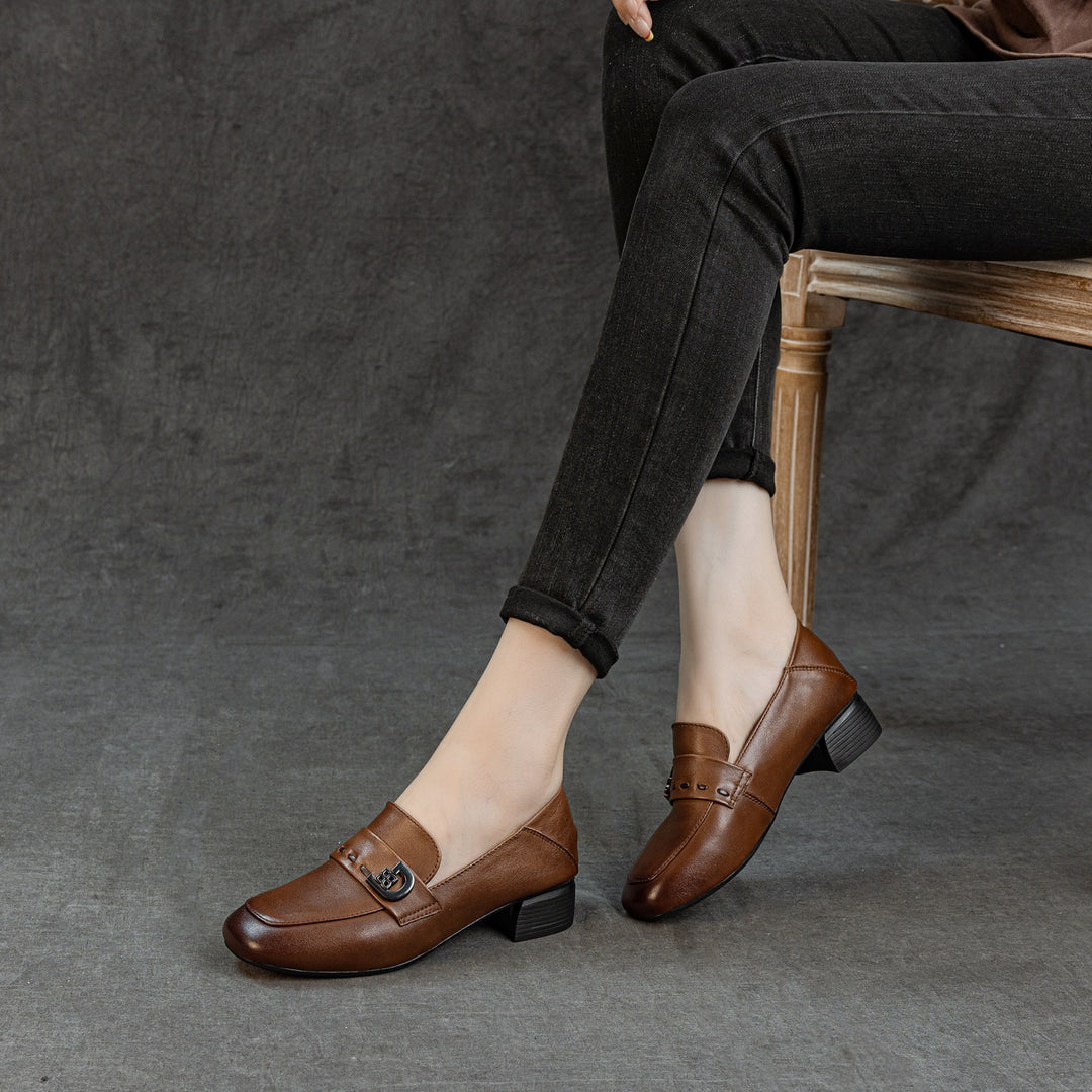 Women's Cowhide Leather Square Toe Pumps Vintage Mid Heel Loafers Microfiber Lining