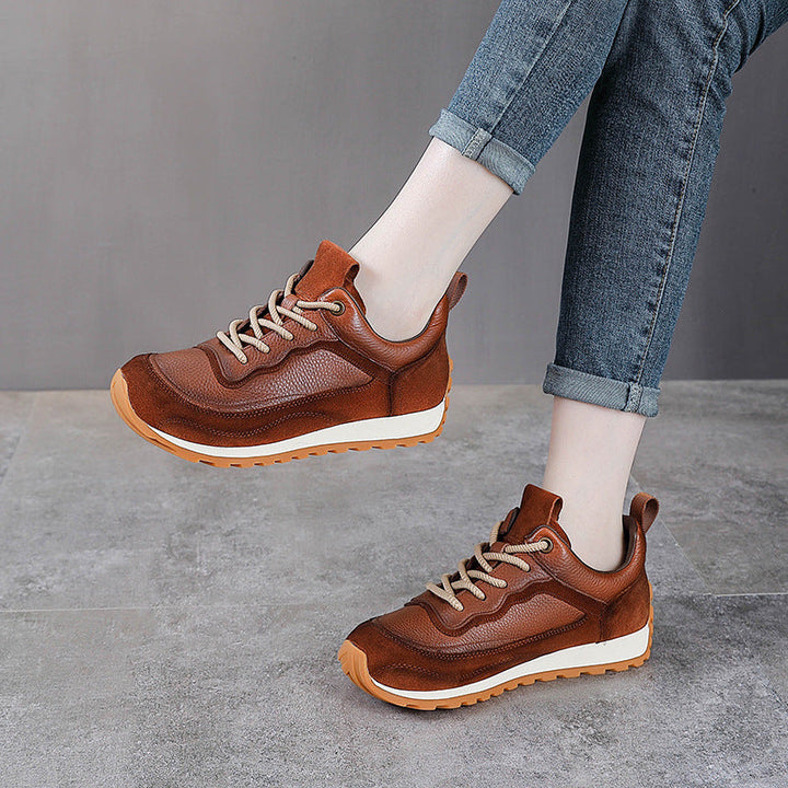 Women's Vintage-Style Mixed Texture Leather Runners - Breathable Cowhide Walking Shoes