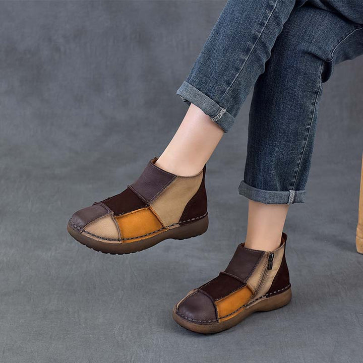 Women's Vintage Patchwork Leather Ankle Boots Hand-Stitched Flat Booties Zipper