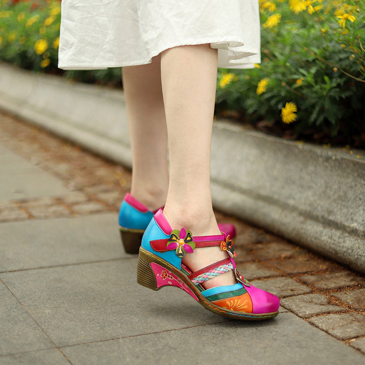Women's Vintage Floral Sheepskin Sandals T-Strap Buckle Chunky Mid Heel Shoes
