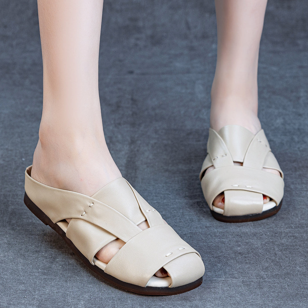 Women's Soft Leather Mules - Closed Peep Toe Crisscross Strap Flat Sandals Casual Slip-On Slides