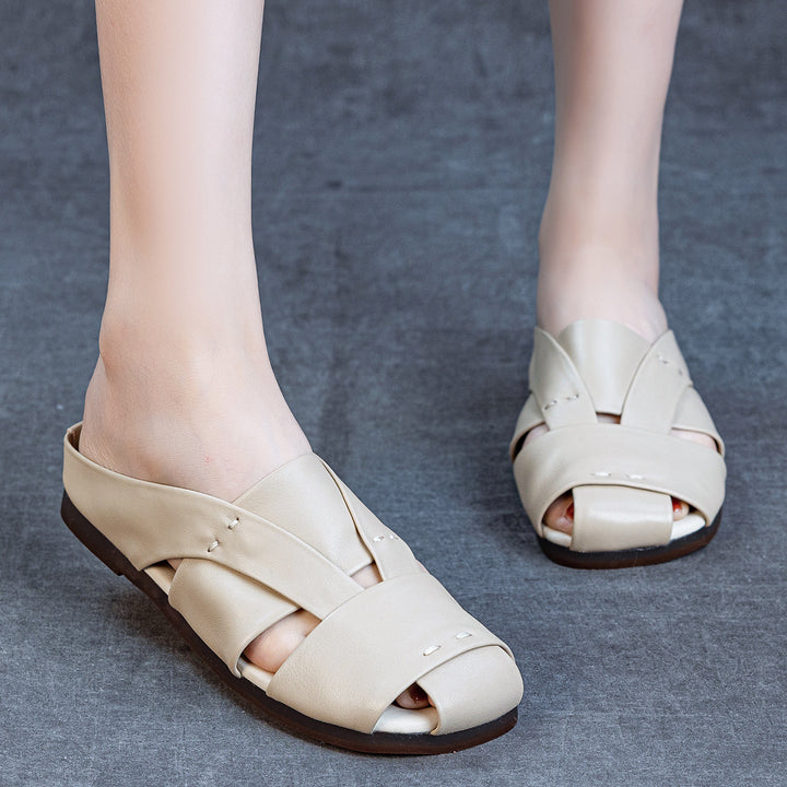 Women's Soft Leather Mules - Closed Peep Toe Crisscross Strap Flat Sandals Casual Slip-On Slides