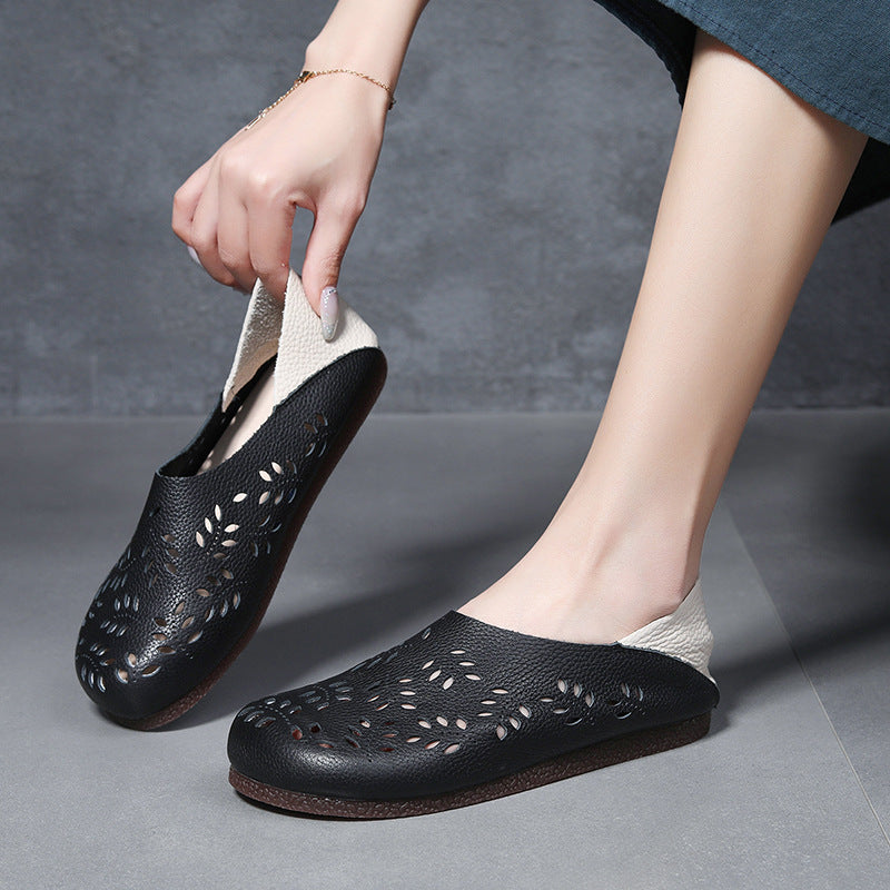 Women's Leather Loafers - Cut-Out Leaf Perforated Flat Sandals Casual Slip-On Summer Shoes