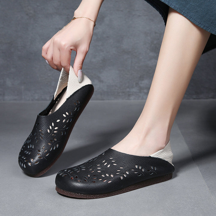 Women's Leather Loafers - Cut-Out Leaf Perforated Flat Sandals Casual Slip-On Summer Shoes