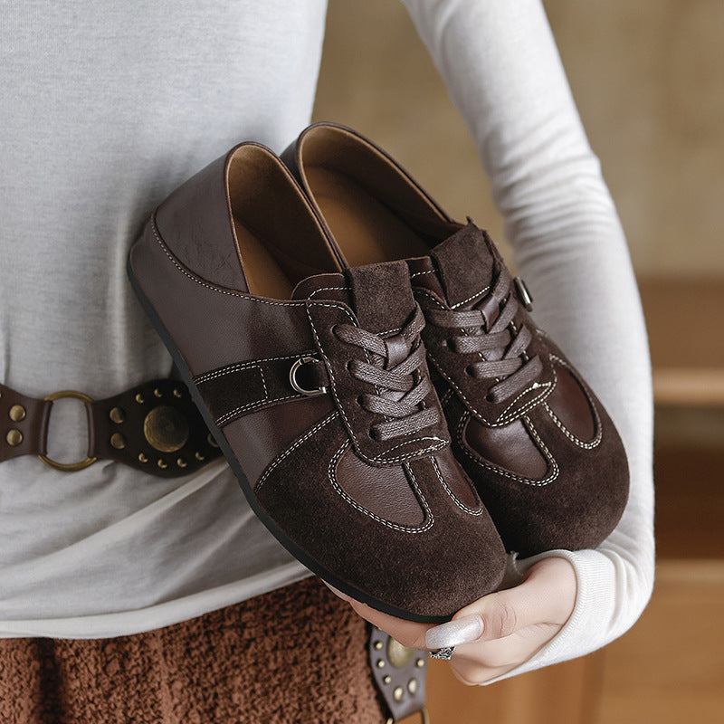 Women's Sheepskin Suede Patchwork Hidden Wedge Sneakers Lace Up Retro Casual Shoes