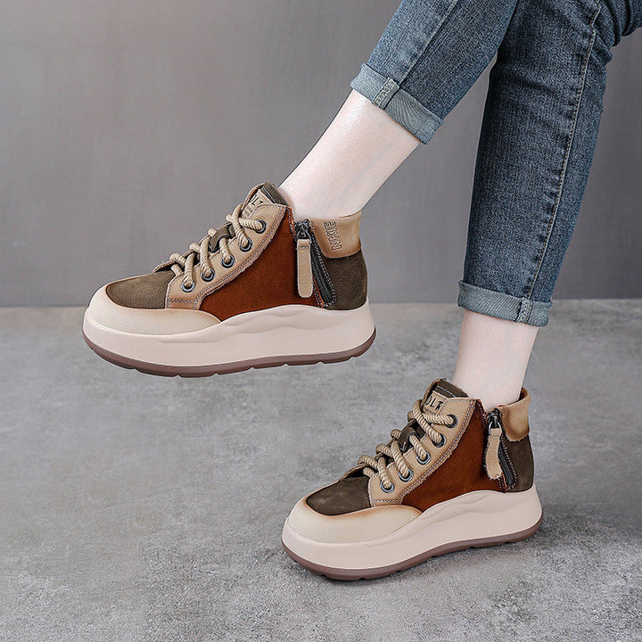 Women’s Leather Colour-Block High-Top Platform Boots – Side Zip Casual Shoes