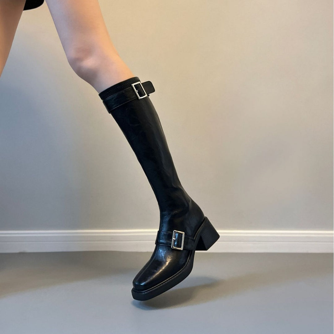 Women's Vintage Knee High Zipper Boots - Square Toe Buckle Strap Chunky Block Heel Riding Boots