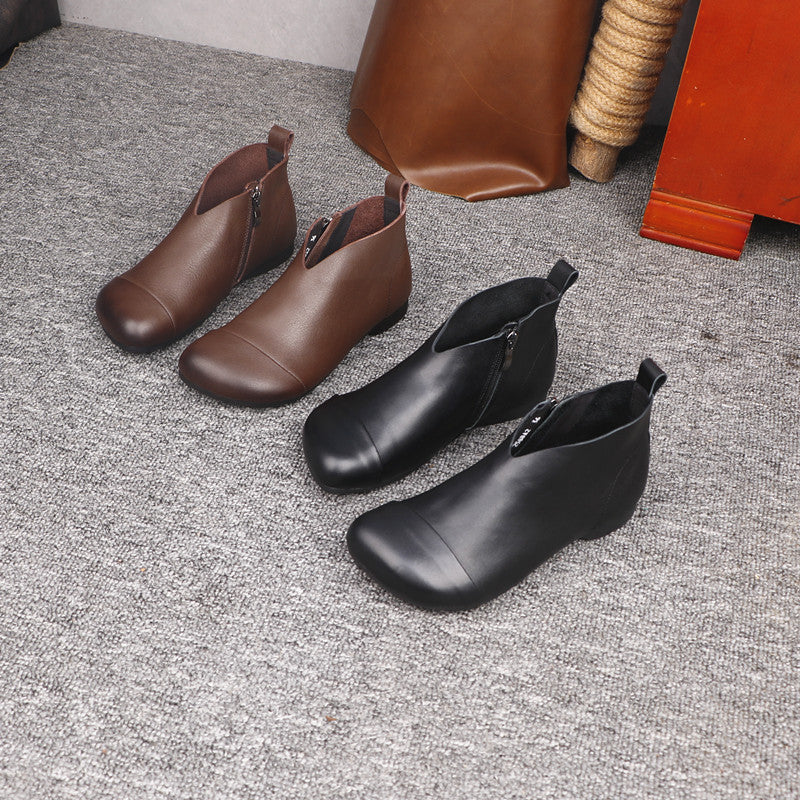 Women's Genuine Leather Ankle Boots Side Zipper V-Cut Flat Booties Casual Walking Shoes