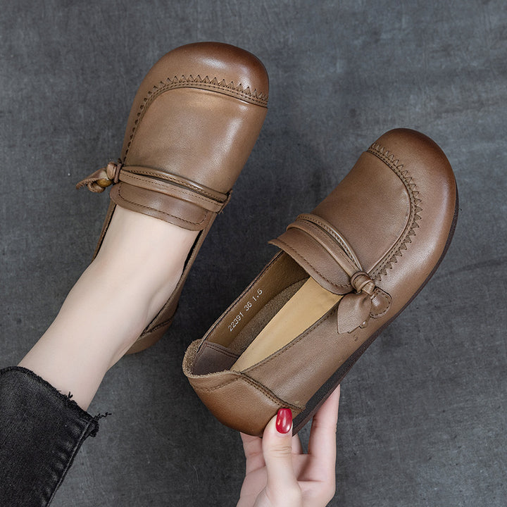 Women's Genuine Leather Knot Loafers Round Toe Slip On Flat Shoes Soft Sole