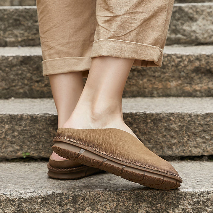 Women's V-Cut Soft Leather Flat Mules – Retro Minimalist Style