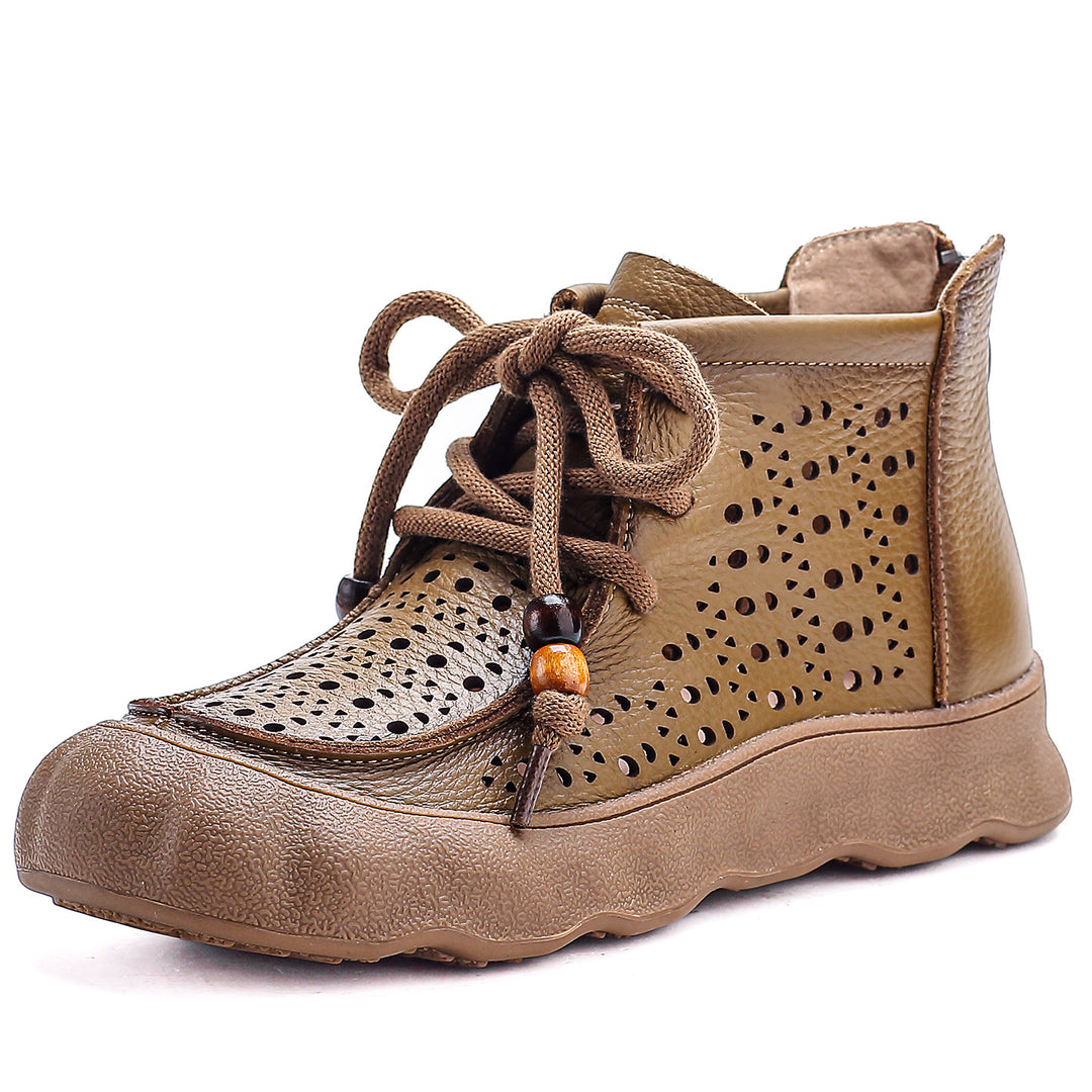 Women's Leather Ankle Sandals Boots Retro Lace-Up Vintage Hollow-Out Casual Summer Flats