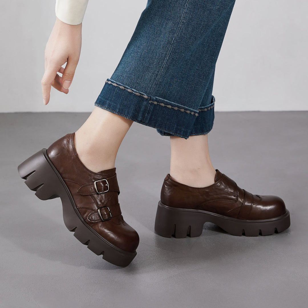 Women’s Retro Round Toe Derby Shoes – British Style Platform Loafers with Buckle