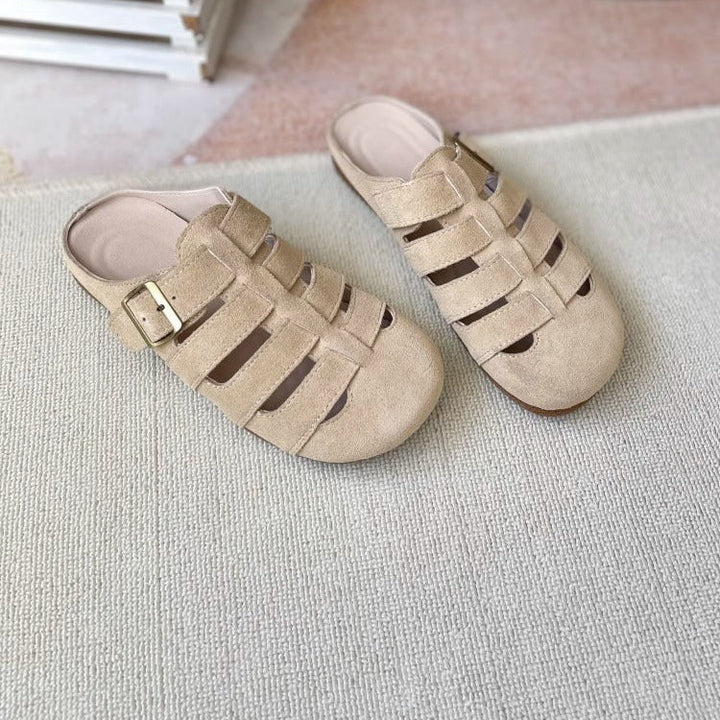 Women's Suede Round Toe Hollowed Out Casual Buckle Mule