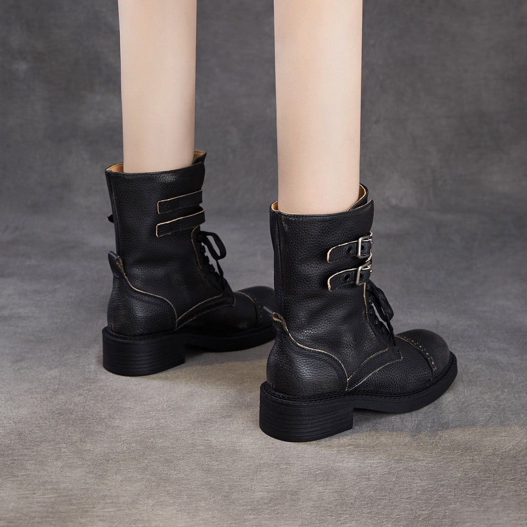 Women‘s Retro Cowhide Mid-Calf Boots Vintage Round Toe Buckle Lace-up Combat Boots