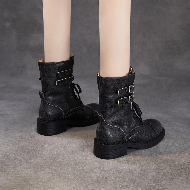 Women‘s Retro Cowhide Mid-Calf Boots Vintage Round Toe Buckle Lace-up Combat Boots