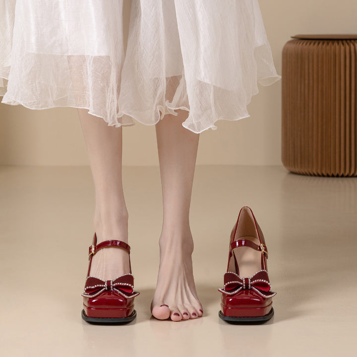 Patent leather Rhinestone Bow Decoration Square Toe Chunky Heel Women's Shoes
