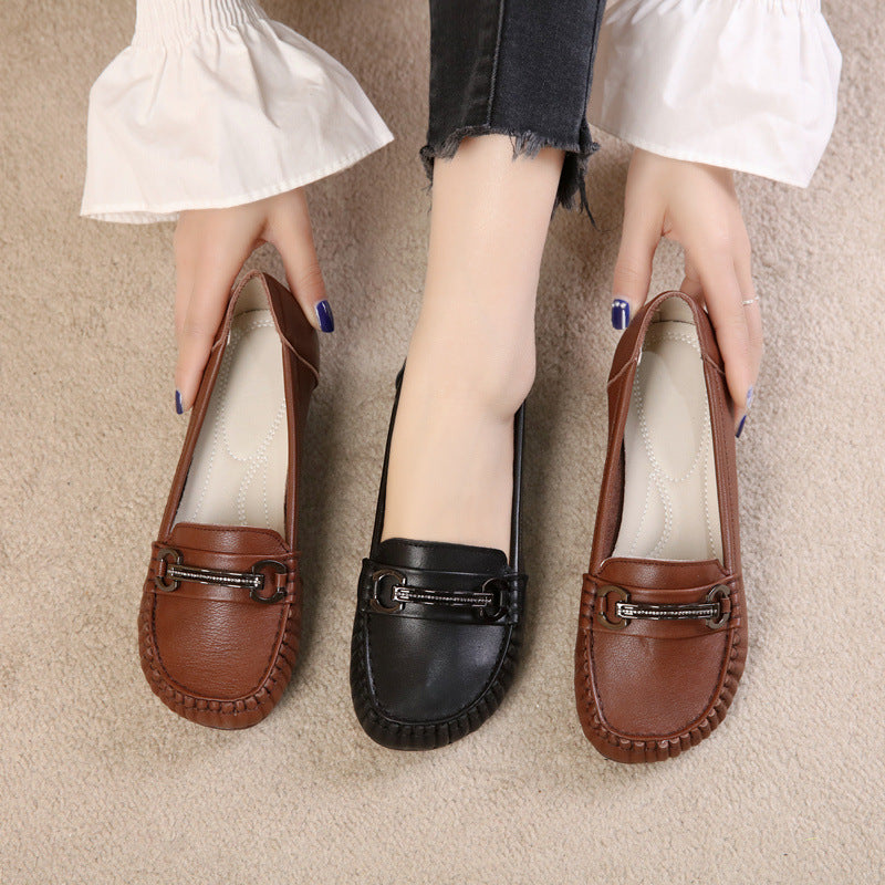 Women's Casual Leather Low Heel - Breathable Microfiber Lined Loafers