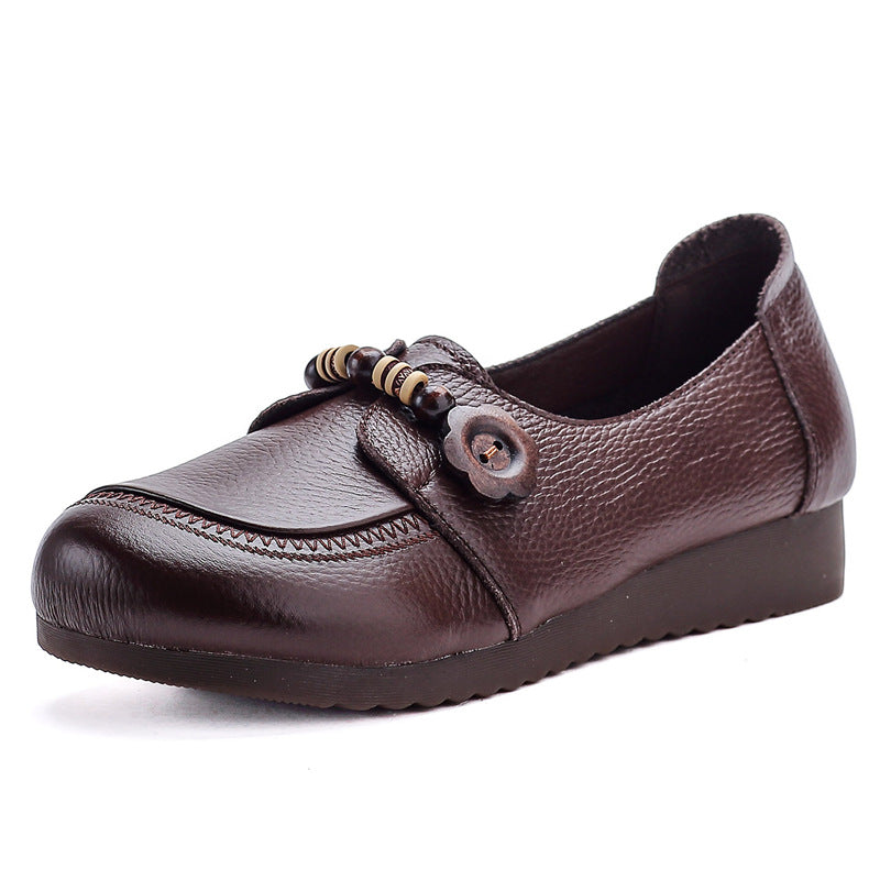 Women's Leather Casual Loafers - Vintage Beaded Flower Slip-On Round Toe Flats Comfort Walking Shoes
